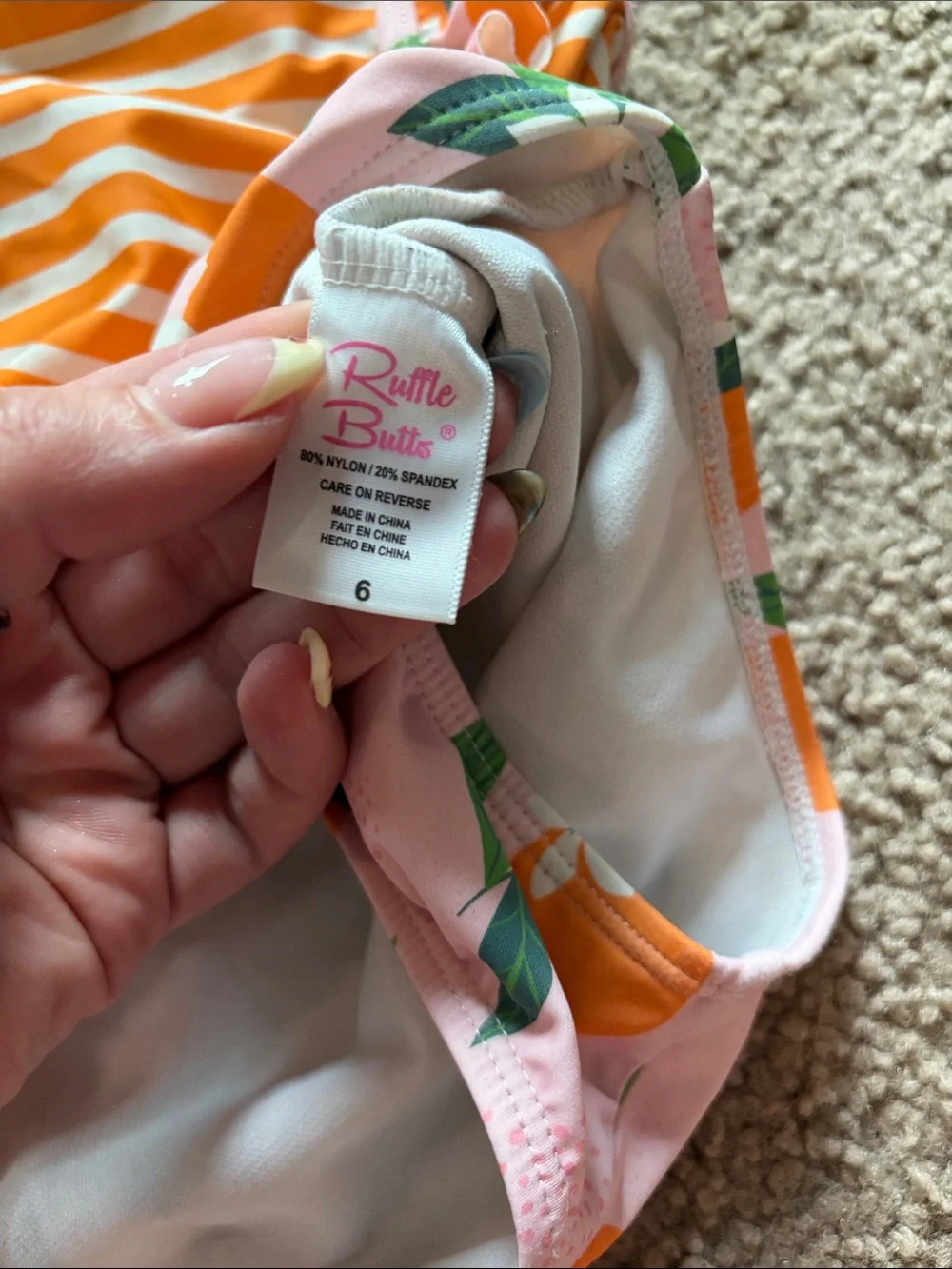 B51 Ruffle Butts 6Y 1pc Swim, Orange and Stripe Print